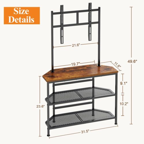 Industrial TV stand with wooden top and metal shelves.