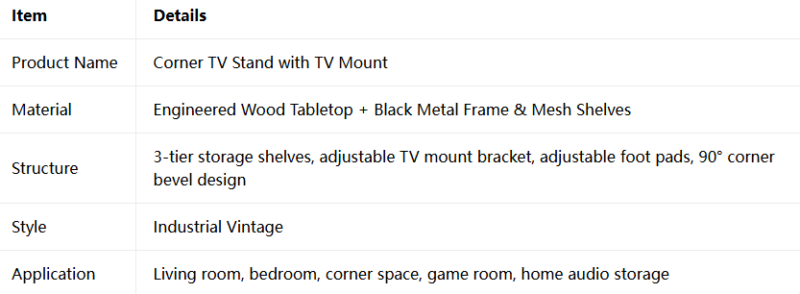 Corner TV stand with shelves and mount for corner placement