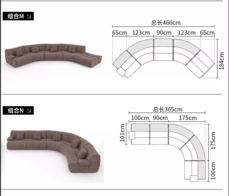 Curved sectional sofa with modular seating options and dimensions.