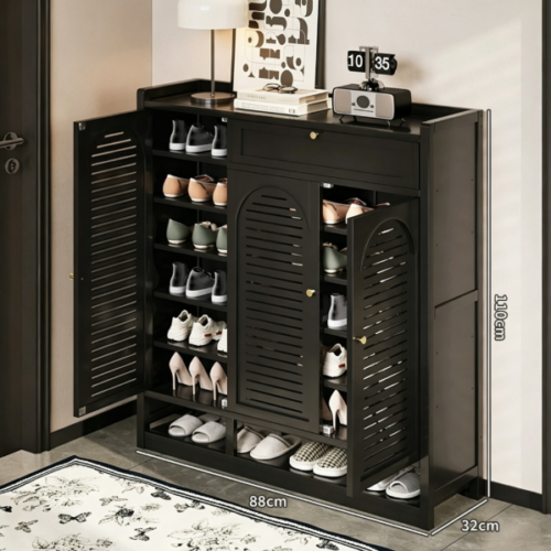 Black Bamboo & MDF Shoe Organizer Cabinet - Living room furniture - QONKA HOME
