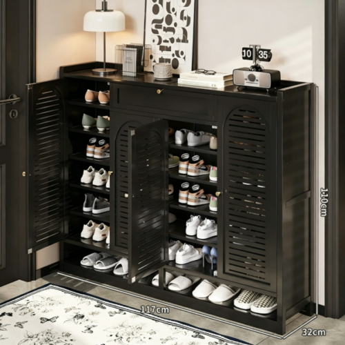 Black Bamboo & MDF Shoe Organizer Cabinet - Living room furniture - QONKA HOME