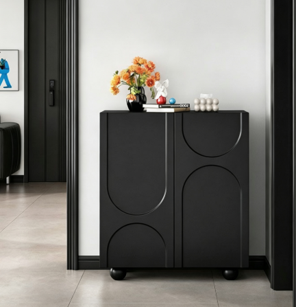 Black Arch Recessed Panel Sideboard Storage Cabinet - Living room furniture - QONKA HOME