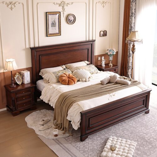 Retro Solid Wood Bed - Bedroom furniture - QONKA HOME