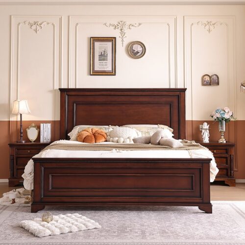 Retro Solid Wood Bed - Bedroom furniture - QONKA HOME