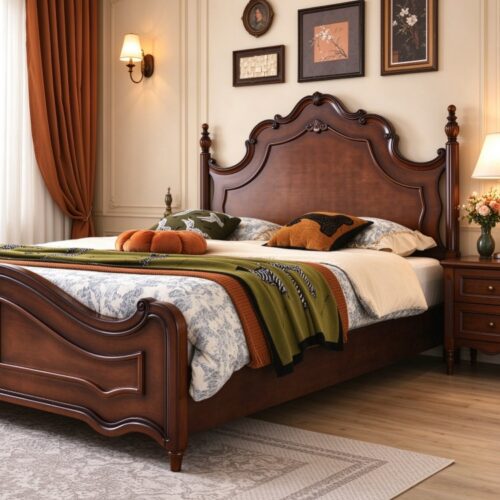 Deep Walnut Solid Wood Bed - Bedroom furniture - QONKA HOME