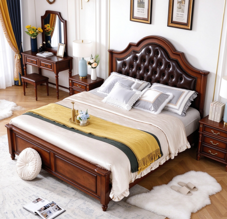 Retro Curved Wooden Bed - Bedroom furniture - QONKA HOME