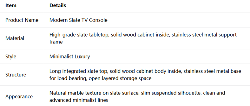 Modern slate TV console with minimalist luxury design.