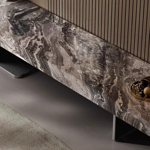 Modern console table with marble top and wooden back panel.