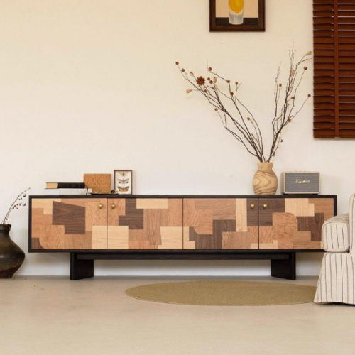 Modern wooden sideboard with geometric panel design.