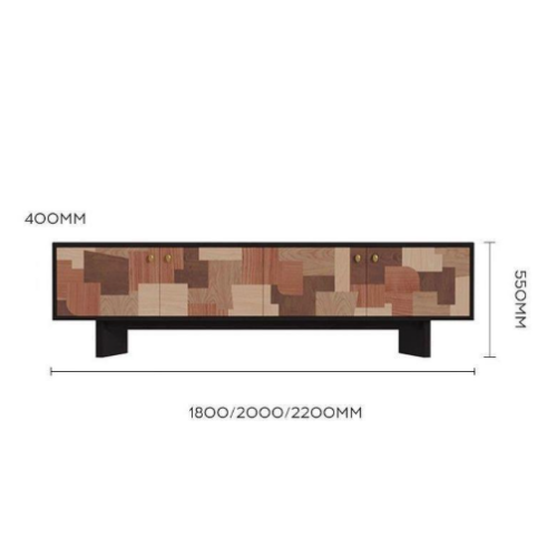 Modern wooden sideboard with patchwork design and black legs.