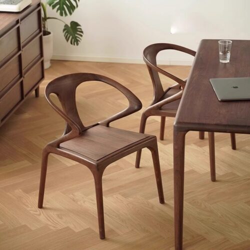 Mid-Century Modern Solid Walnut Dining Chair with Integrated Curved Armrests, Ergonomic Solid Wood Accent Chair for Dining...