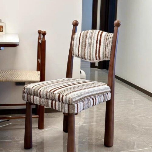 French Country Style Solid Wood Chair, Designer Curved Back Fabric Padded Dining Chair For Cafe & Dining Room - Solid...