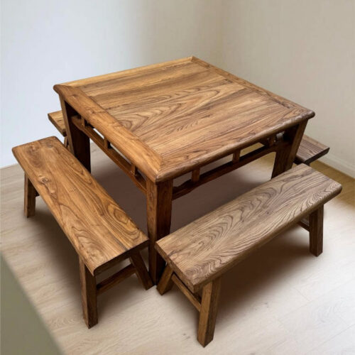 Vintage Old Elm Wood Square Dining Table Set Solid Wood Dining Table With 4 Benches Rustic Farmhouse Dining Furniture - Di...