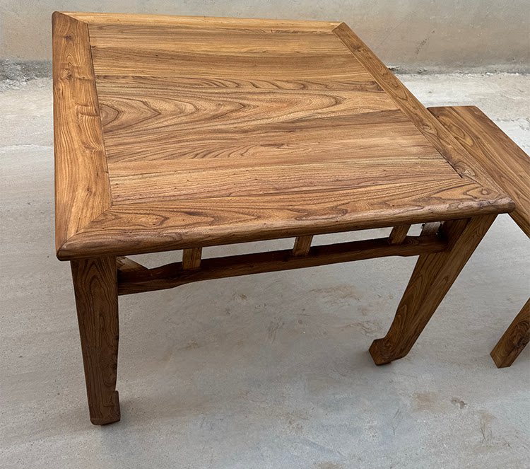 Vintage Old Elm Wood Square Dining Table Set Solid Wood Dining Table With 4 Benches Rustic Farmhouse Dining Furniture