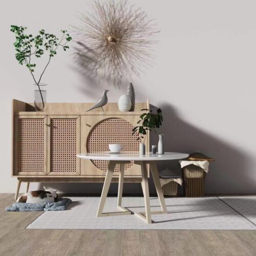 Modern Round Wood Grain Coffee Table, Minimalist Cross V-shape Leg Wooden Center Table - Bedside table - QONKA HOME