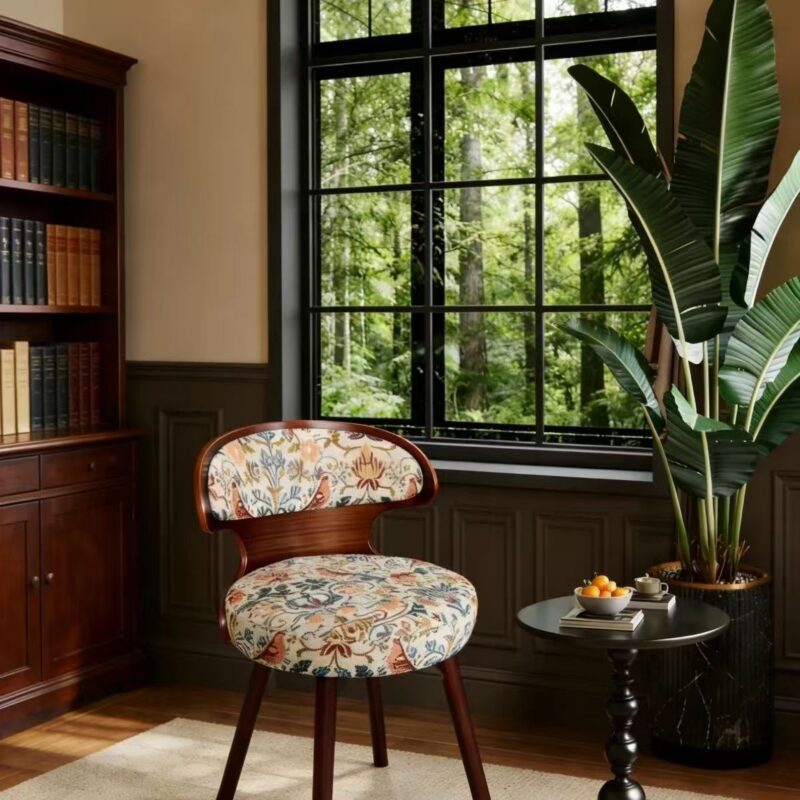 Vintage Floral Bird Print Fabric Dining Chair, Curved Bentwood Backrest Solid Wood Leg Upholstered Side Chair