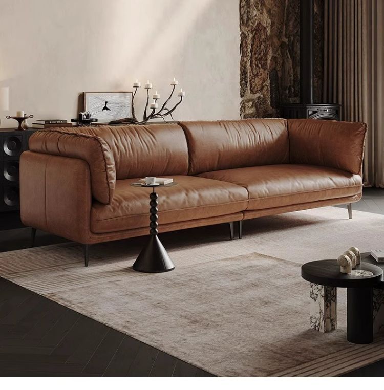 Vintage Genuine Leather Sofa, Italian Minimalist Top-Grain Cowhide