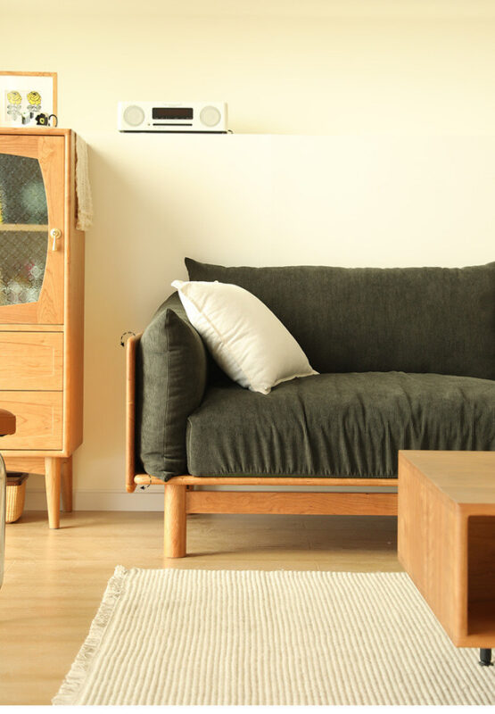 QONKA American Retro-Style Solid Wood Straight-Arm Green Velvet Upholstered Sofa product detail image