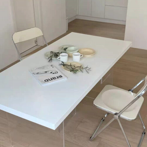 Rectangular Solid Wood Table with Acrylic Legs Minimalist White Dining Desk - Dining table - QONKA HOME