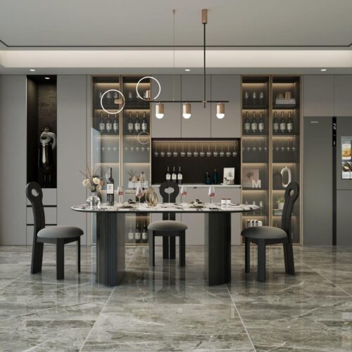 Oval Artificial Marble Dining Table Fluted Carbon Steel Leg Modern Luxury Dinner Table - Dining table - QONKA HOME