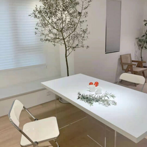 Rectangular Solid Wood Table with Acrylic Legs Minimalist White Dining Desk - Dining table - QONKA HOME