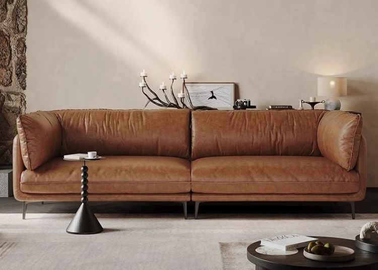Vintage Genuine Leather Sofa, Italian Minimalist Top-Grain Cowhide