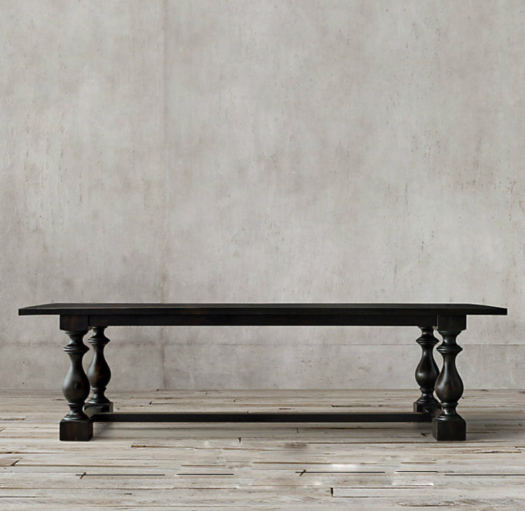 Farmhouse Solid Pine Wood Dining Table Rectangular Turned Pedestal Leg Vintage Dining Table for Home Dining Room