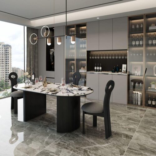 Oval Artificial Marble Dining Table Fluted Carbon Steel Leg Modern Luxury Dinner Table - Dining table - QONKA HOME