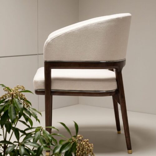 Luxury Curved Arm Solid Wood Dining Chair,  High-End Ash Wood Fabric Upholstered Chair With Metal Trim For Villa Hotel - S...