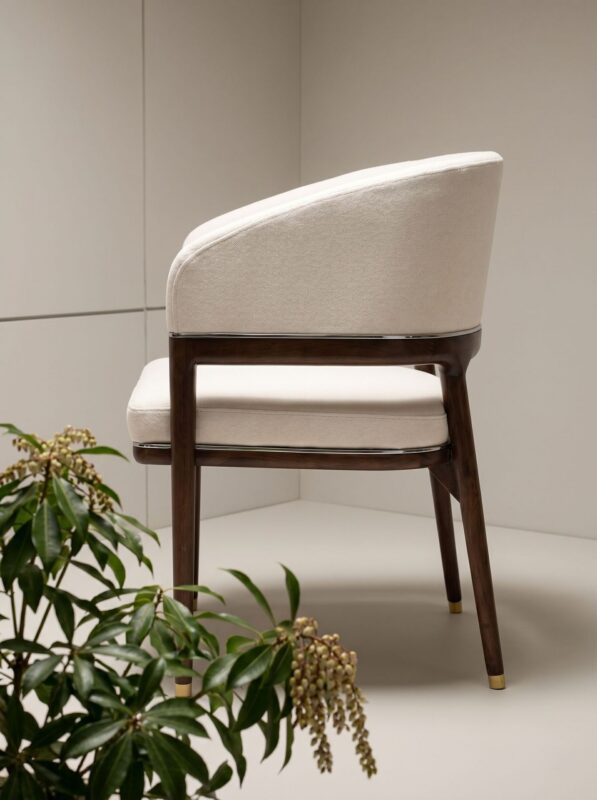 Luxury Curved Arm Solid Wood Dining Chair, High-End Ash Wood Fabric Upholstered Chair With Metal Trim For Villa Hotel