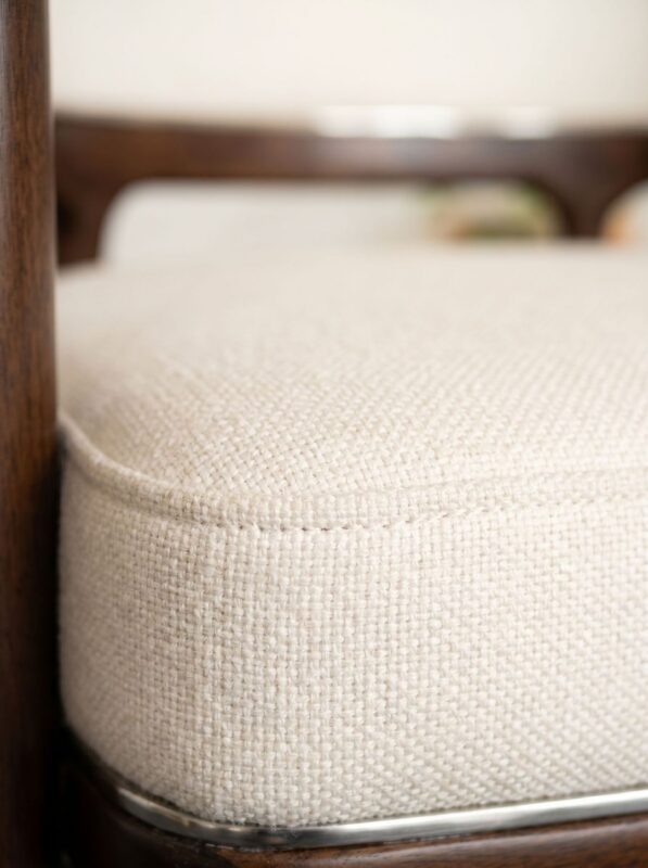 Luxury Curved Arm Solid Wood Dining Chair,  High-End Ash Wood Fabric Upholstered Chair With Metal Trim For Villa Hotel