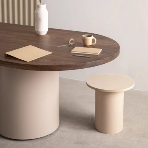 Oval Solid Pine Wood Dining Table Two Cylinder Base Minimalist Wabi Sabi Dinner Table - Dining table - QONKA HOME