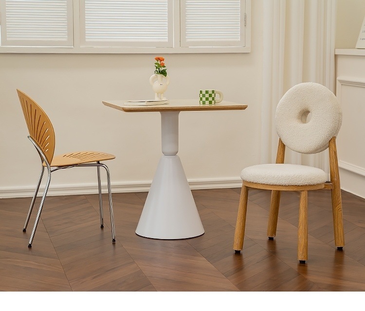 Solid Wood Dining Chair Donut Round Back Teddy Fabric Upholstered Makeup Stool for Bedroom Cafe Home Restaurant