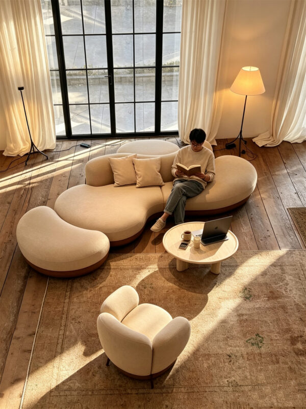 Nordic Minimalist, Retro, and Wabi-Sabi Styles; Curved Sofa