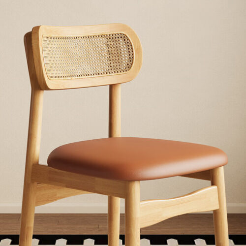 Solid Wood Rattan Back Dining Chair PU Leather Upholstered Seat Retro Woven Dining Chair Custom Color For Home Restaurant ...