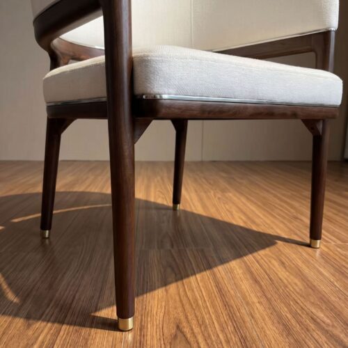 Luxury Curved Arm Solid Wood Dining Chair,  High-End Ash Wood Fabric Upholstered Chair With Metal Trim For Villa Hotel - S...