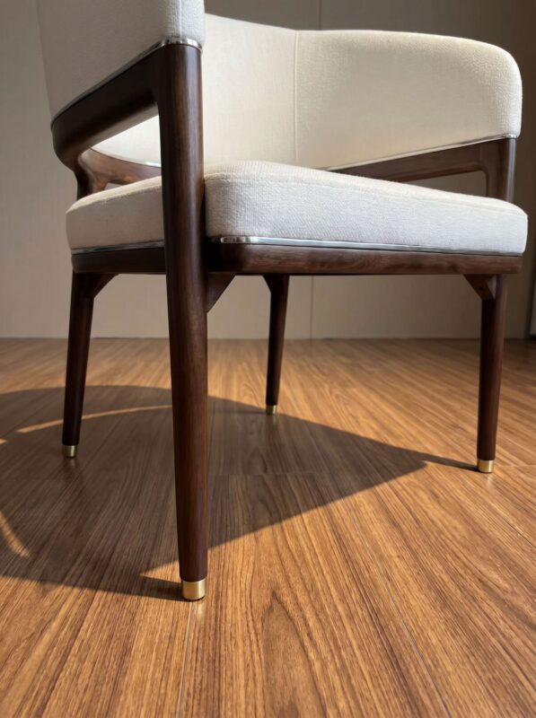Luxury Curved Arm Solid Wood Dining Chair,  High-End Ash Wood Fabric Upholstered Chair With Metal Trim For Villa Hotel