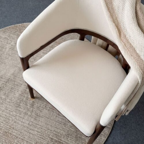Luxury Curved Arm Solid Wood Dining Chair,  High-End Ash Wood Fabric Upholstered Chair With Metal Trim For Villa Hotel - S...
