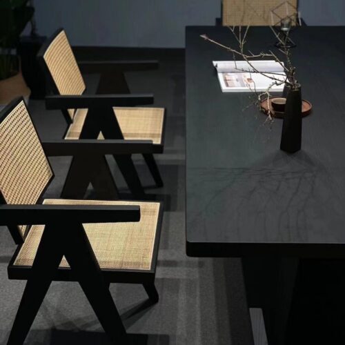 Solid Wood Dining Table, Pine / Ash Wood, Black Carbonized Finish, Modern Wabi‑Sabi Rectangular Dinner Table - Dining ta...