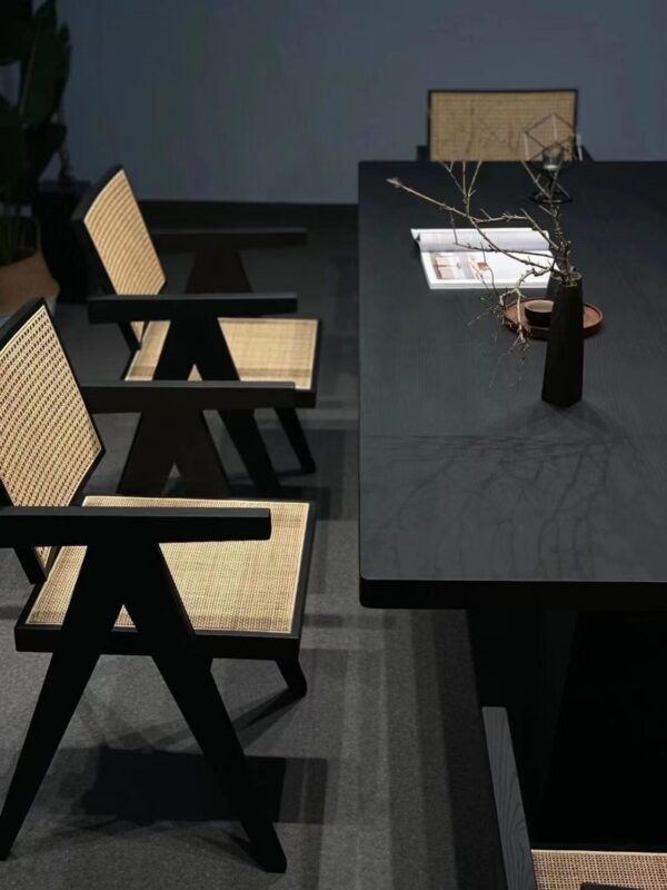Solid Wood Dining Table, Pine / Ash Wood, Black Carbonized Finish, Modern Wabi‑Sabi Rectangular Dinner Table