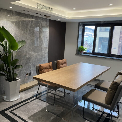 Rectangular Solid Wood Table with Acrylic Legs Minimalist White Dining Desk - Dining table - QONKA HOME