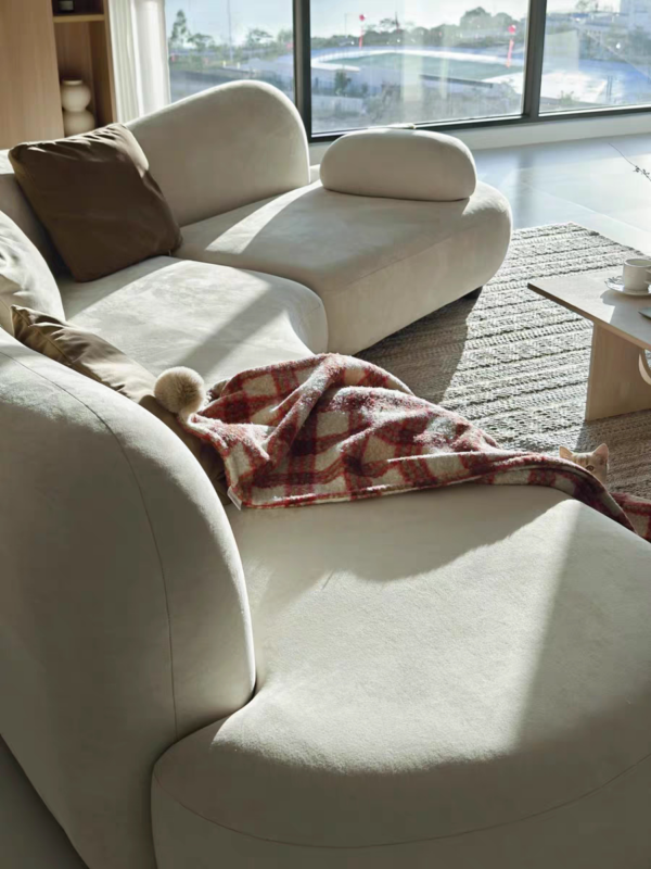 Italian Curved Sofa, Light Luxury with a Sophisticated Sea Salt Finish