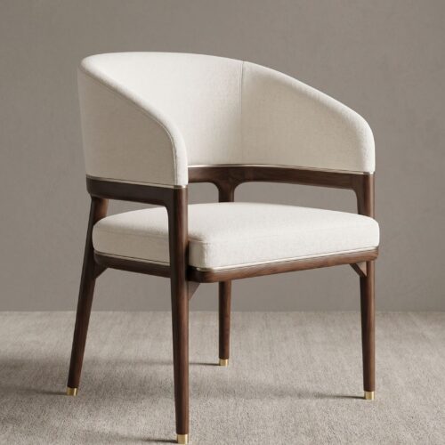 Luxury Curved Arm Solid Wood Dining Chair,  High-End Ash Wood Fabric Upholstered Chair With Metal Trim For Villa Hotel - S...