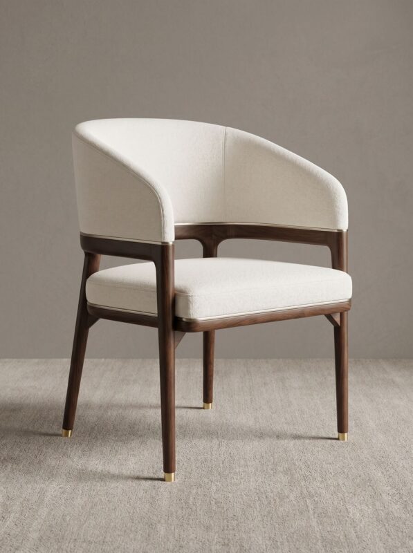 Luxury Curved Arm Solid Wood Dining Chair,  High-End Ash Wood Fabric Upholstered Chair With Metal Trim For Villa Hotel