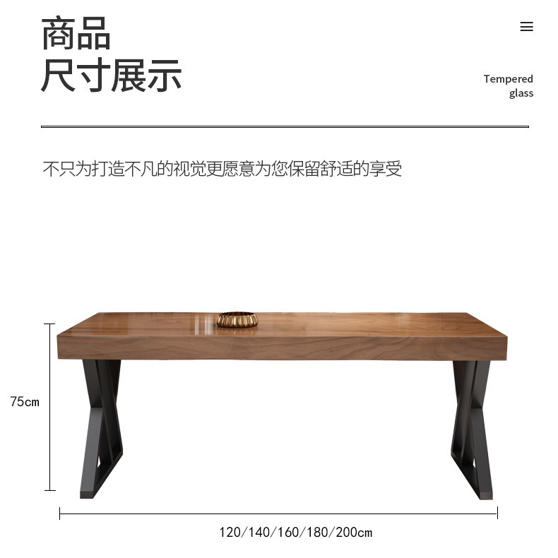 Solid Wood Dining Table, Pine Tabletop With X‑Shape Metal Iron Base Rectangular Live‑Edge Dining Table