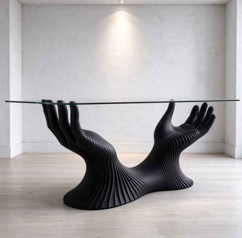 Art Hand Sculpture Dining Table Tempered Glass Top Fiberglass Base Creative Luxury Console Table for Living Room Restaurant