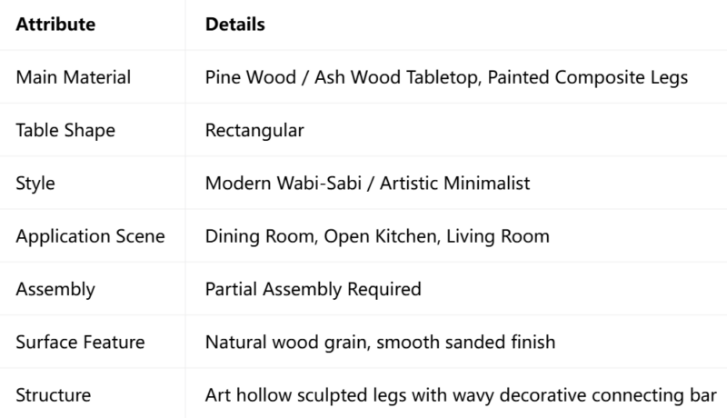 Rectangular Solid Wood Dining Table, Artistic Irregular Legs Table in Pine / Ash Wood for Home Dining Room