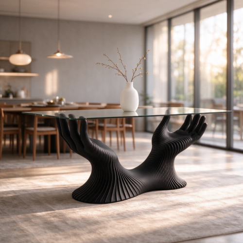 Art Hand Sculpture Dining Table Tempered Glass Top Fiberglass Base Creative Luxury Console Table for Living Room Restauran...