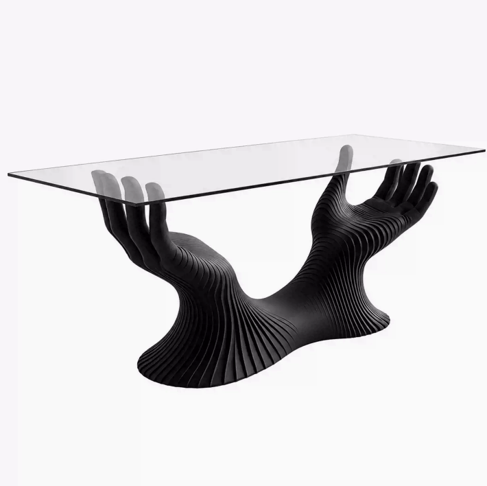 Art Hand Sculpture Dining Table Tempered Glass Top Fiberglass Base Creative Luxury Console Table for Living Room Restaurant