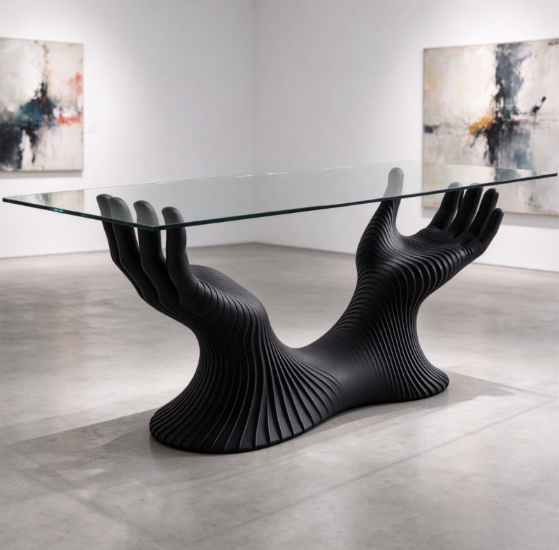 Art Hand Sculpture Dining Table Tempered Glass Top Fiberglass Base Creative Luxury Console Table for Living Room Restaurant